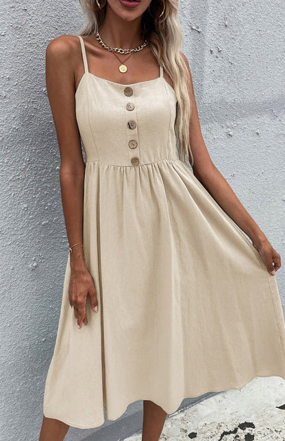 Women's Midi Dress - Sleeveless A-Line - Button-Down Fitted Bodice - Flared Casual Fit