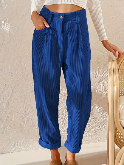 Women’s High-Waisted Trousers – Relaxed Fit – Tapered Leg – Textured Fabric – Pleated Waist