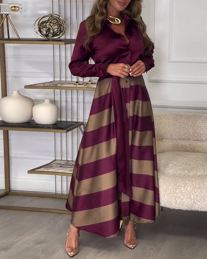 Women's Maxi Shirt Dress - Button-Up Long Sleeve - Striped Flowing Skirt - Belted Waist