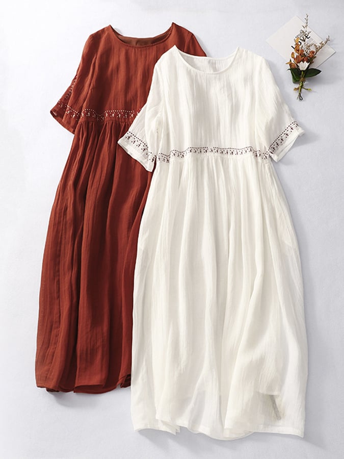 Women's cotton and linen embroidered loose dress