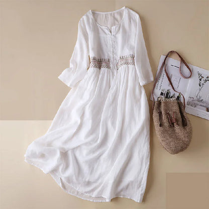 Women’s Midi Dress – Natural Fibers – Loose Fit – Embroidered – V-Neck – 3/4 Sleeve