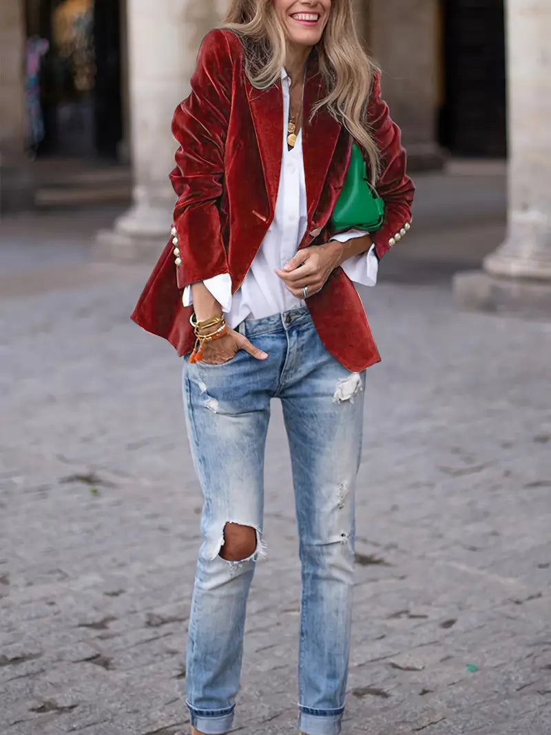 Women’s Blazer – Tailored Fit – Velvet Finish – Single-Breasted with Notched Lapels