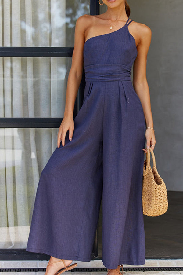 Women’s Jumpsuit – Tailored Fit – Asymmetric Neckline – Wide Leg – Breathable Blend