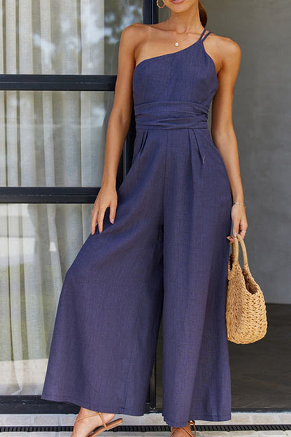 Women’s Jumpsuit – Tailored Fit – Asymmetric Neckline – Wide Leg – Breathable Blend