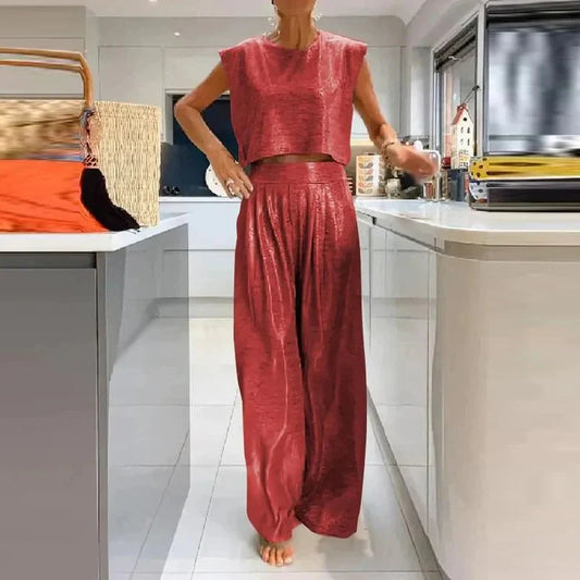Women’s Two-Piece Set – Sleeveless Crop Top – High-Waist Wide-Leg Trousers – Silk Feel