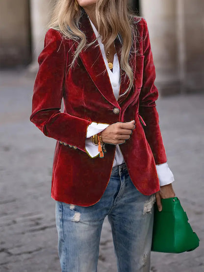 Women’s Blazer – Tailored Fit – Velvet Finish – Single-Breasted with Notched Lapels