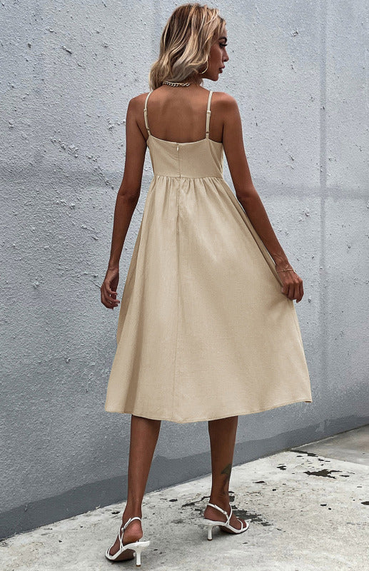 Women's Midi Dress - Sleeveless A-Line - Button-Down Fitted Bodice - Flared Casual Fit