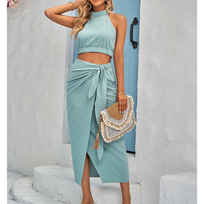 Women's Two-Piece Cotton Set - High Neck Crop Top & Wrap Midi Skirt - Chic & Lightweight