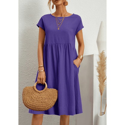 Women's Cotton Linen Short Sleeve Midi Dress