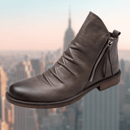 Women’s Ankle Boots – Smooth Leather – Side Zipper – Rounded Toe – Low Heel