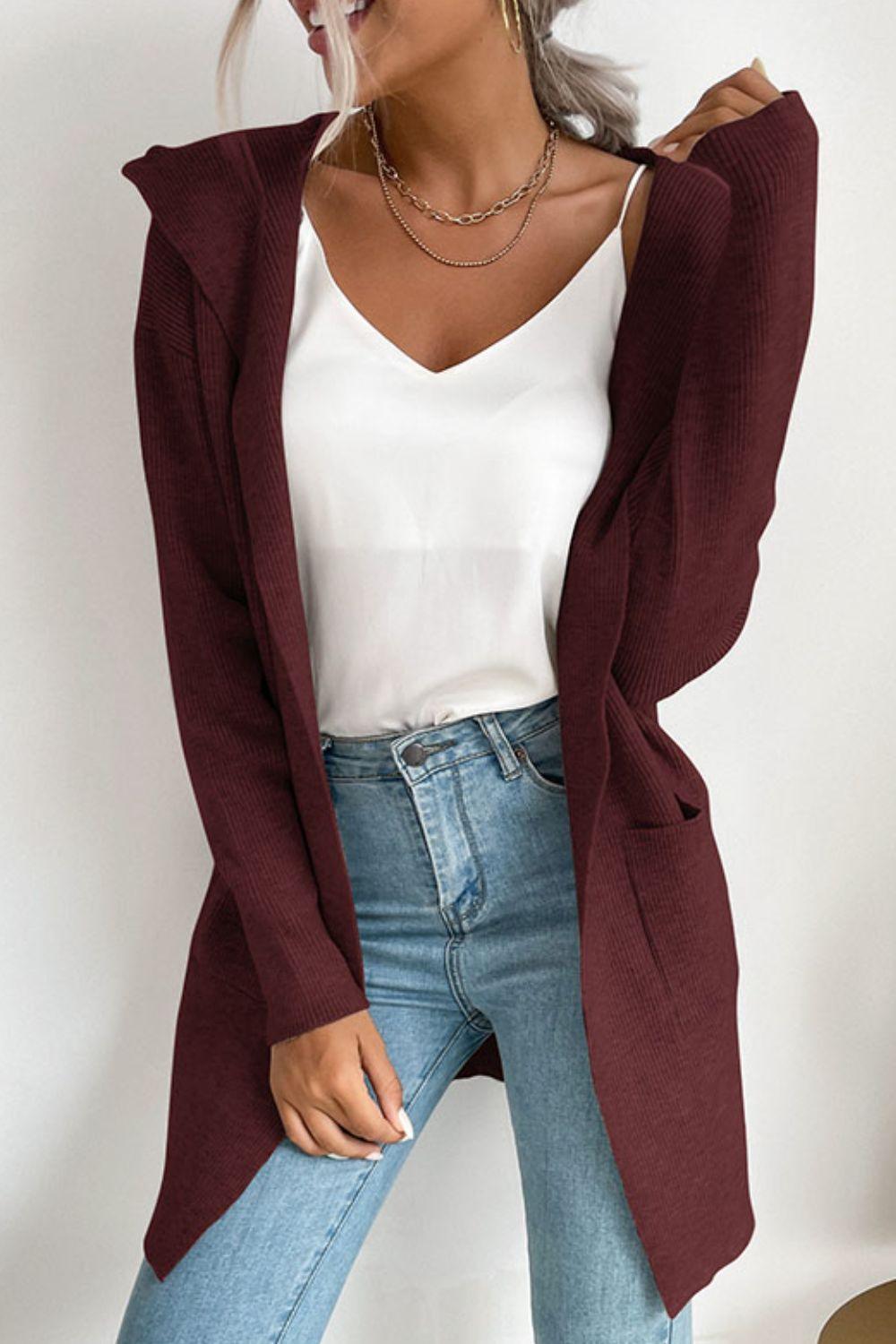 Women's ribbed open-front cardigan with hood and pockets