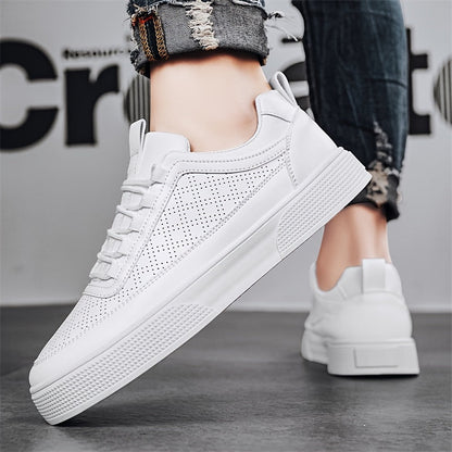 Men’s Leather Sneakers - Breathable Perforated Design - Cushioned Sole - Casual Wear