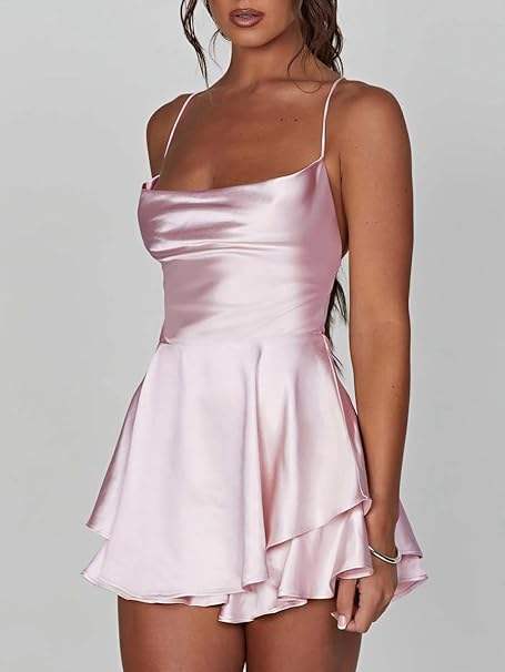 Women's Satin Mini Dress - Cowl Neck - Spaghetti Straps - Flared Elegant Fit