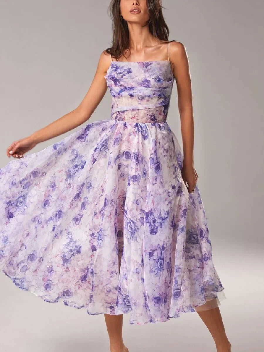 Women’s Midi Dress – Chiffon A-Line – Spaghetti Straps – Floral Print Elegant Fit