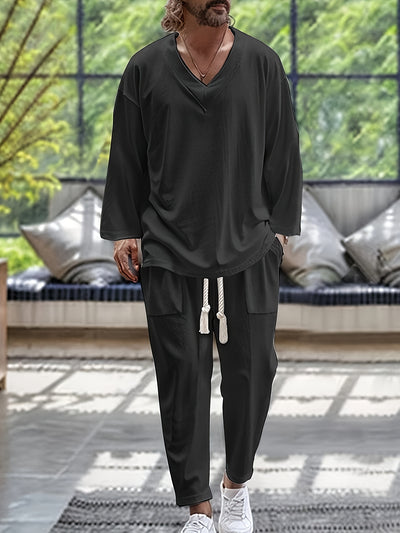 Men’s Loungewear Set – V-Neck Long Sleeve Top – Relaxed Fit Trousers with Pockets