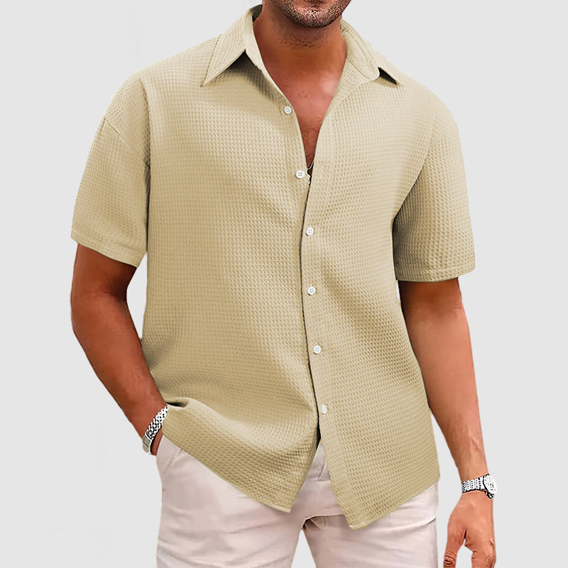 Men’s Short Sleeve Shirt – Relaxed Fit – Waffle Knit – Soft Breathable Fabric – Button Front