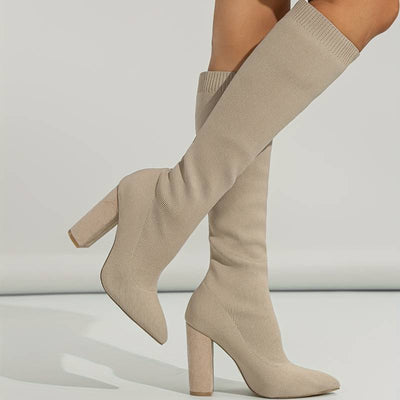 Women’s Knee High Sock Boots – Stretch Knit – Slim Fit – Pointed Toe – Block Heel