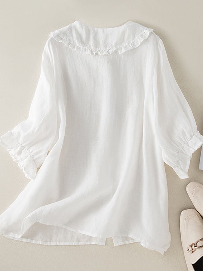 Women's cotton linen loose peter pan ruffles neck shirt