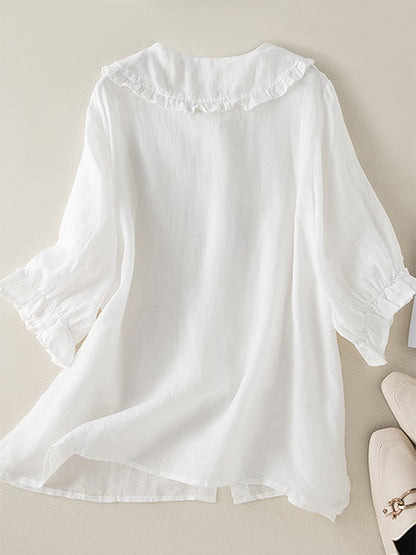 Women's cotton linen loose peter pan ruffles neck shirt