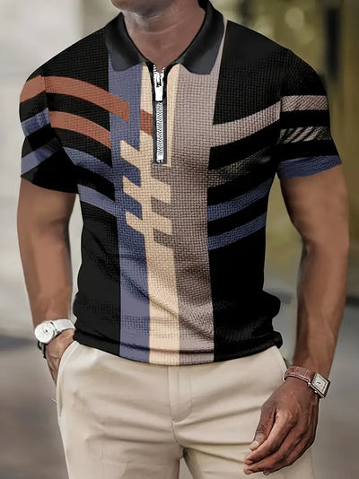 Men’s Polo Shirt - Slim Fit - Half-Zip Closure - Geometric Pattern - Breathable Fabric