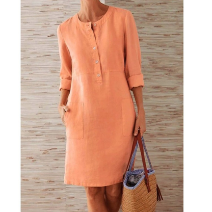 Women’s Shirt Dress – Relaxed Fit – Breathable Blend – Button Front – Knee Length – Pockets