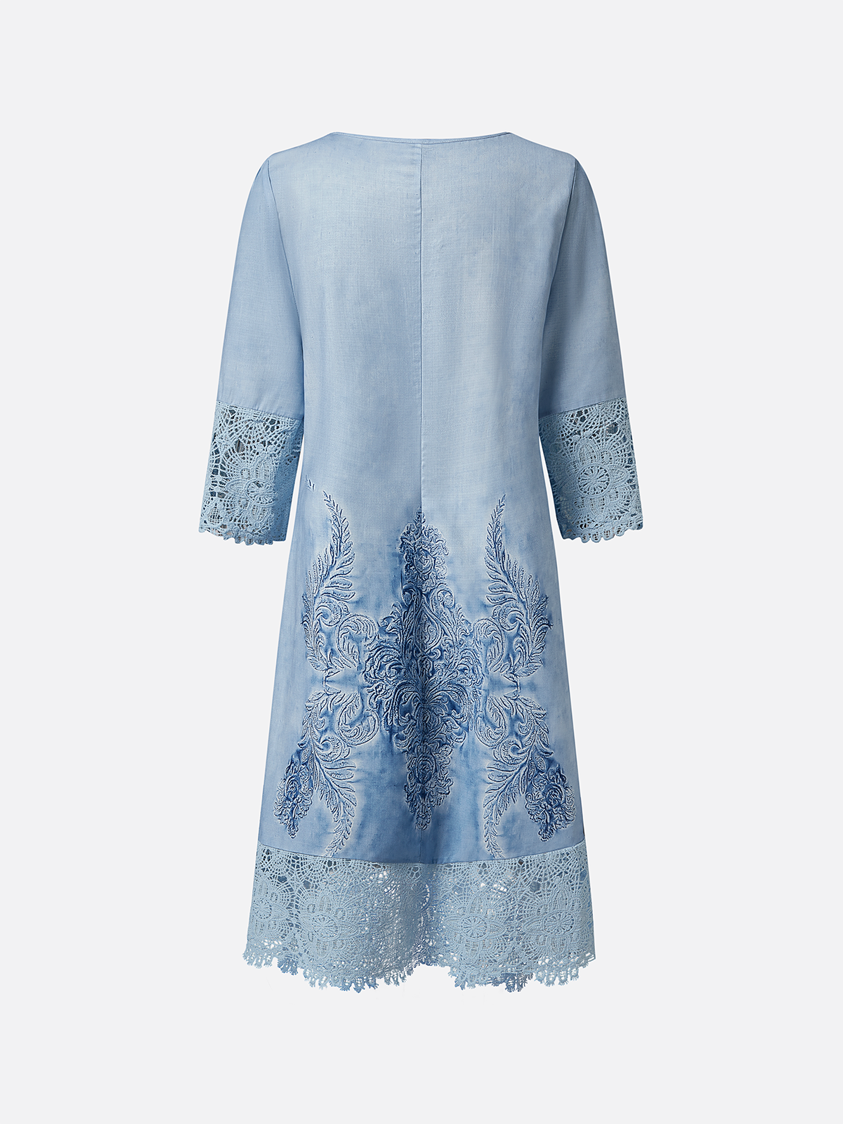 Women's Dress - Knee-Length - Three-Quarter Sleeve - Lace & Embroidery - V-Neck Button-Up