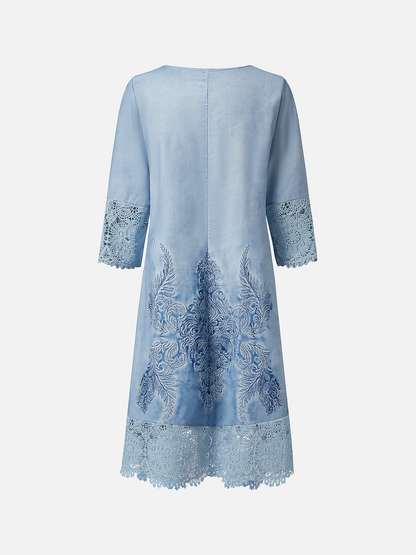 Women's Dress - Knee-Length - Three-Quarter Sleeve - Lace & Embroidery - V-Neck Button-Up