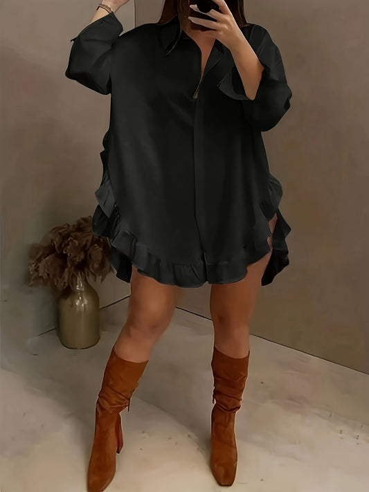 Women's Oversized Shirt Dress - Long Sleeve - Ruffle Hem - Button-Down Relaxed Fit