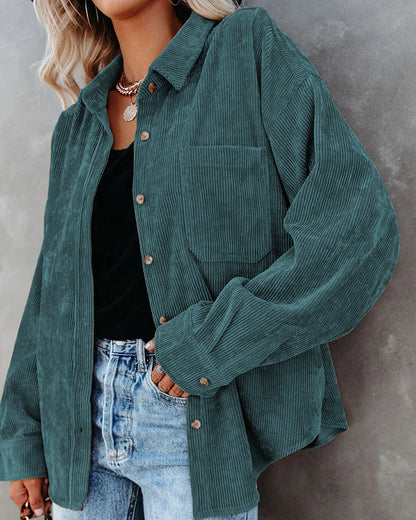 Women’s Button-Up Shirt – Oversized Fit – Textured Fabric – Rolled Sleeves Casual Style