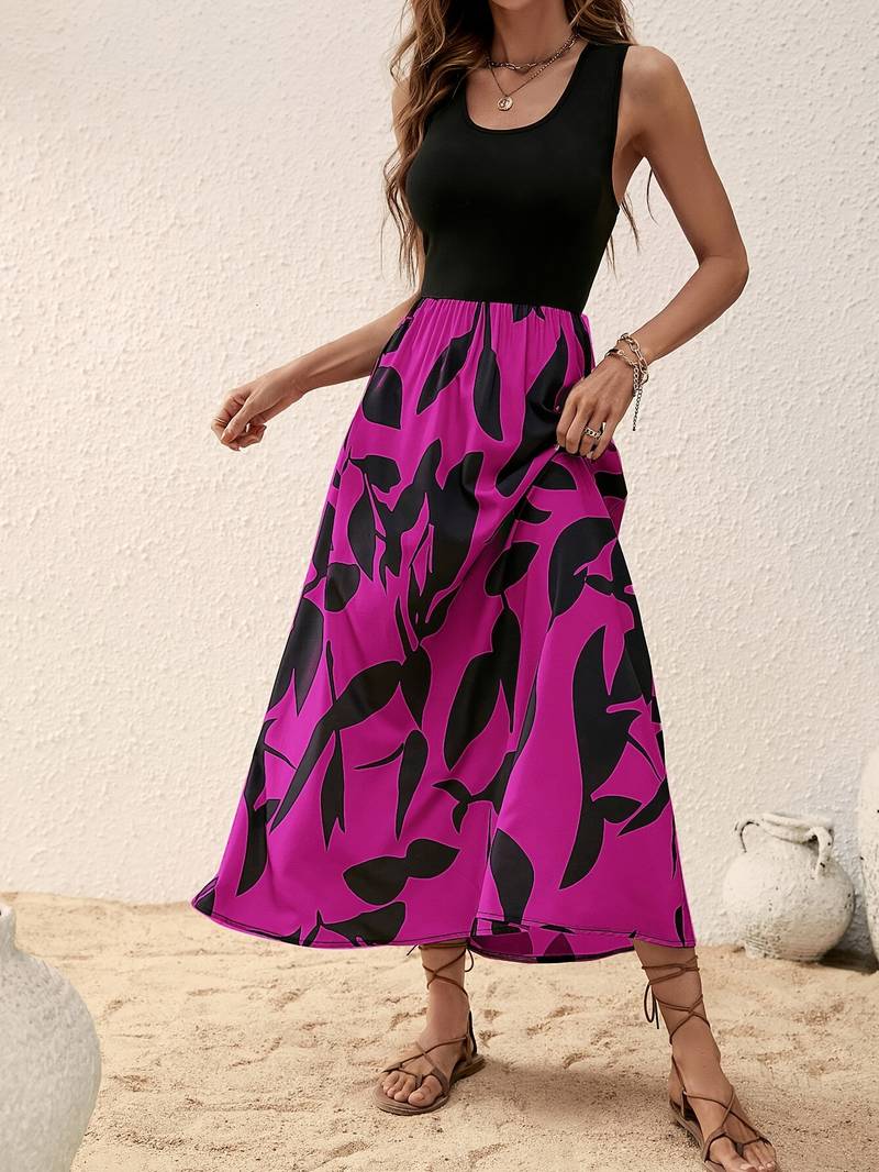 Women's Sleeveless Maxi Dress - Fitted Bodice - Scoop Neck - Flowy A-Line Skirt