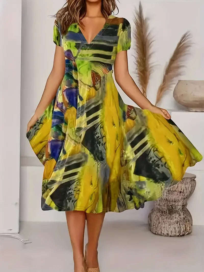 Women's Dress - V-Neck A-Line - Short Puff Sleeve - Abstract Print Midi Length