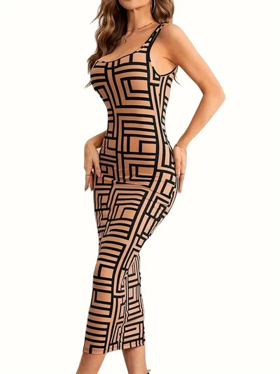 Women's Bodycon Midi Dress - Square Neck - Sleeveless - Geometric Pattern - Fitted Silhouette