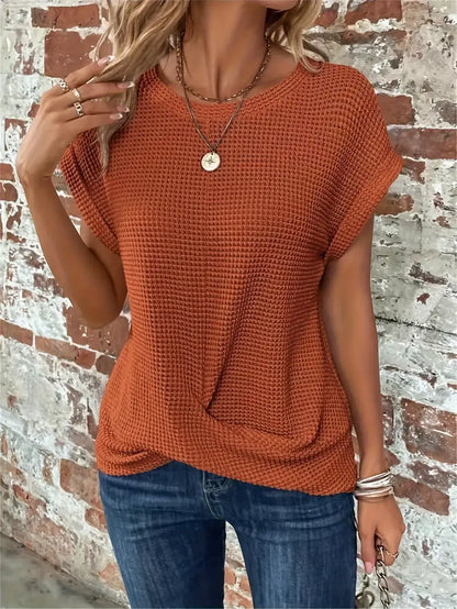 Women's Knit Top - Waffle Texture - Loose Fit - Round Neck - Breathable Casual Wear