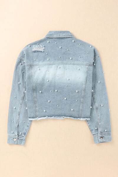 Women's denim jacket with raw hem and pearl trim