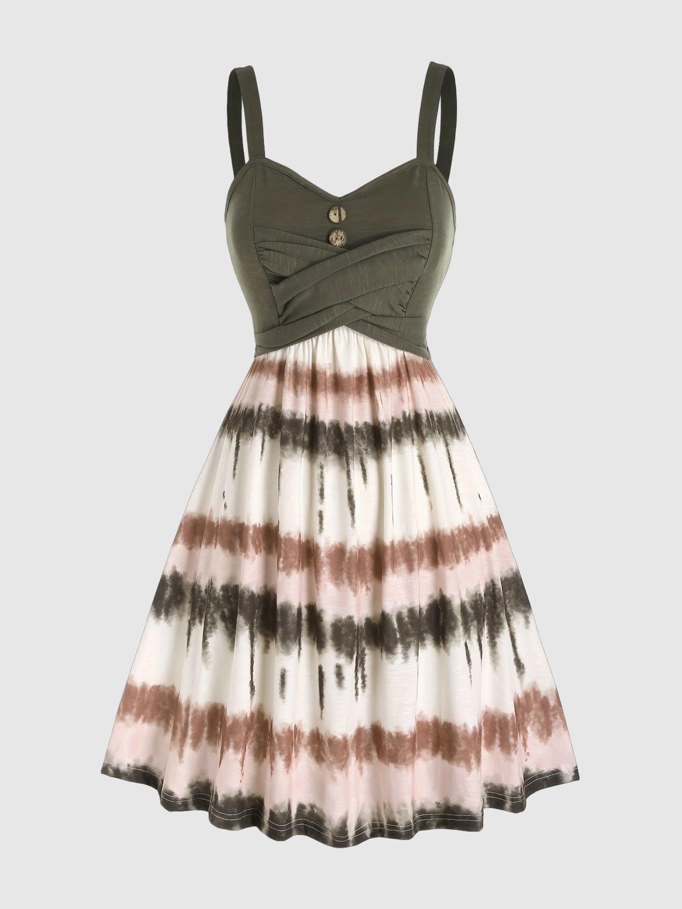 Tie-Dye V-Neck Dress with Faux Buttons for Women