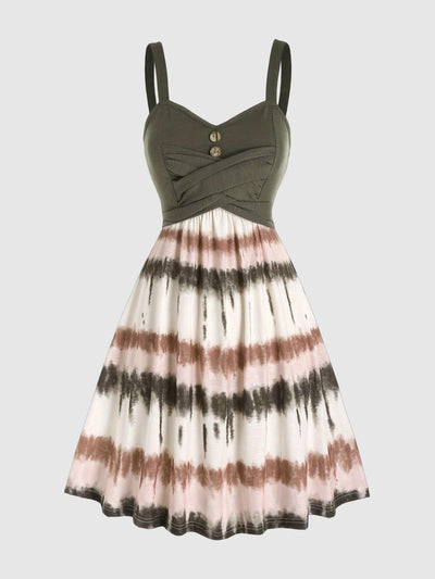 Tie-Dye V-Neck Dress with Faux Buttons for Women