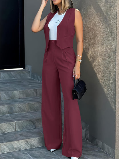 Women's Tailored Two-Piece Suit - Fitted Vest & High-Waisted Wide-Leg Trousers