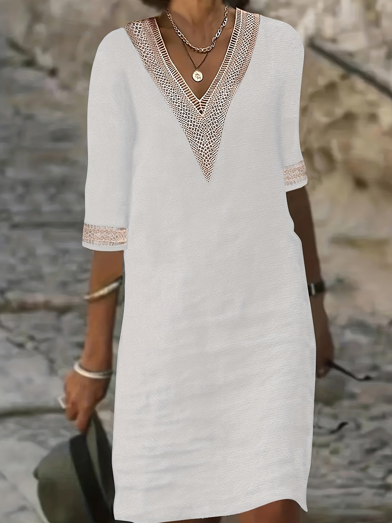 Women's V-Neck Tunic Dress - Lace Detail - 3/4 Sleeve - Lightweight & Breathable