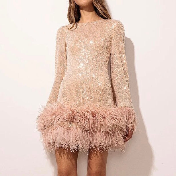 Sequin Dress with Feather Trim