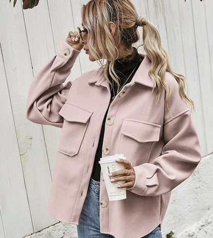 Women’s Oversized Jacket – Wool Blend – Button Front – Chest Flap Pockets – Dropped Shoulder