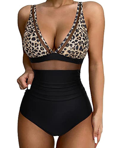 Women’s Swimsuit – Fitted One-Piece – Plunging Neckline – Mesh Panels – High-Cut Leg