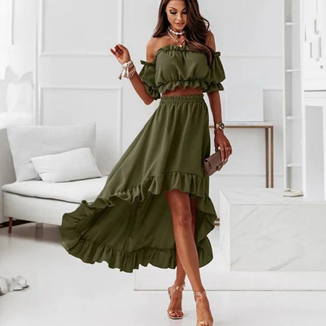 Women's Off-Shoulder Two-Piece Set - Crop Top & High-Low Ruffle Maxi Skirt - Elegant Fit