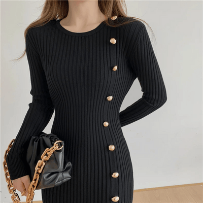Women's Knit Midi Dress - Ribbed Texture - Long Sleeve - Button Detail - Mermaid Hem