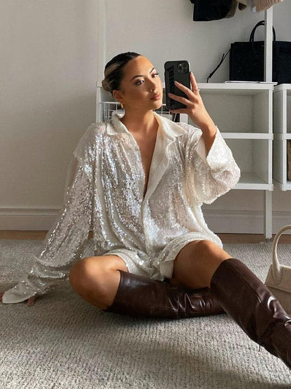 Women’s Oversized Shirt – Glitter Finish – Long Sleeve – Button-Down Collar