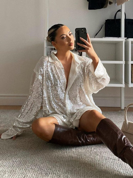 Women’s Oversized Shirt – Glitter Finish – Long Sleeve – Button-Down Collar