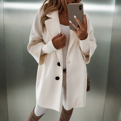 Women’s Overcoat – Relaxed Fit – Wool Texture – Mid Length – Classic Lapel – Button Front