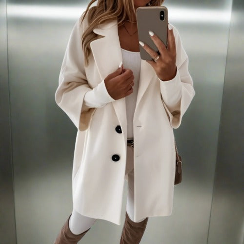 Women’s Overcoat – Relaxed Fit – Wool Texture – Mid Length – Classic Lapel – Button Front