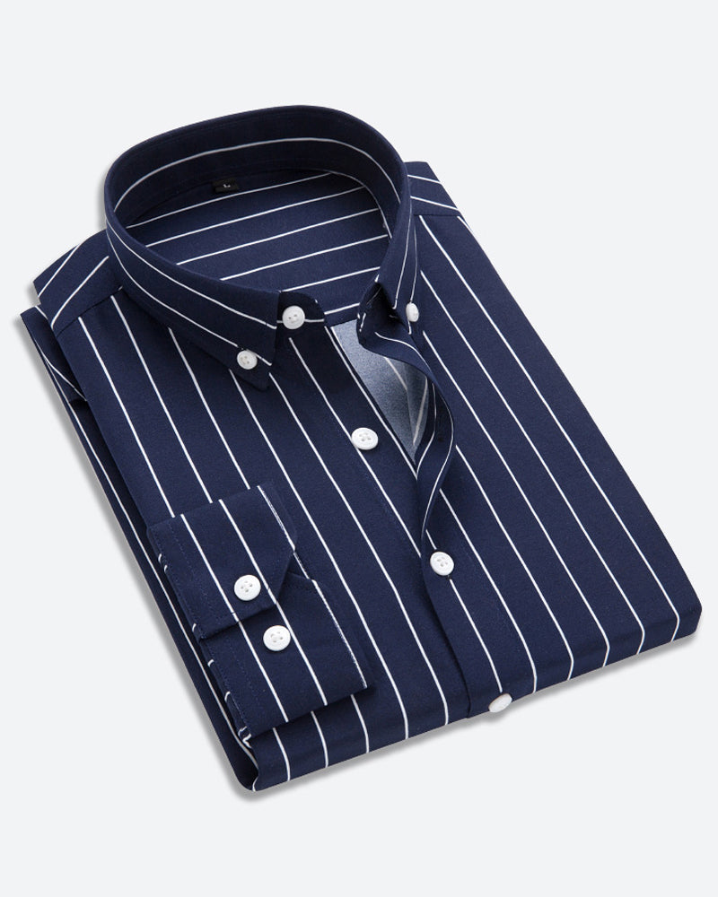 Men’s Dress Shirt - Long Sleeve - Classic Fit - Striped - Button Cuffs - Business Formal