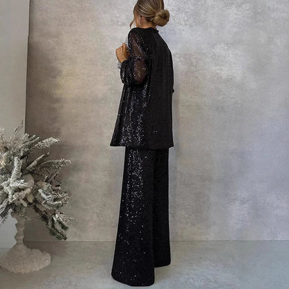 Women’s Two-Piece Set – Sequin Jacket – High-Waisted Wide-Leg Trousers – Evening Wear