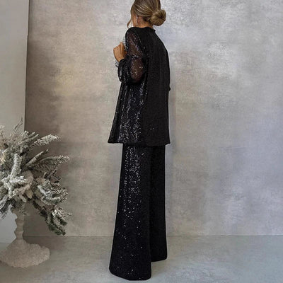 Women’s Two-Piece Set – Sequin Jacket – High-Waisted Wide-Leg Trousers – Evening Wear